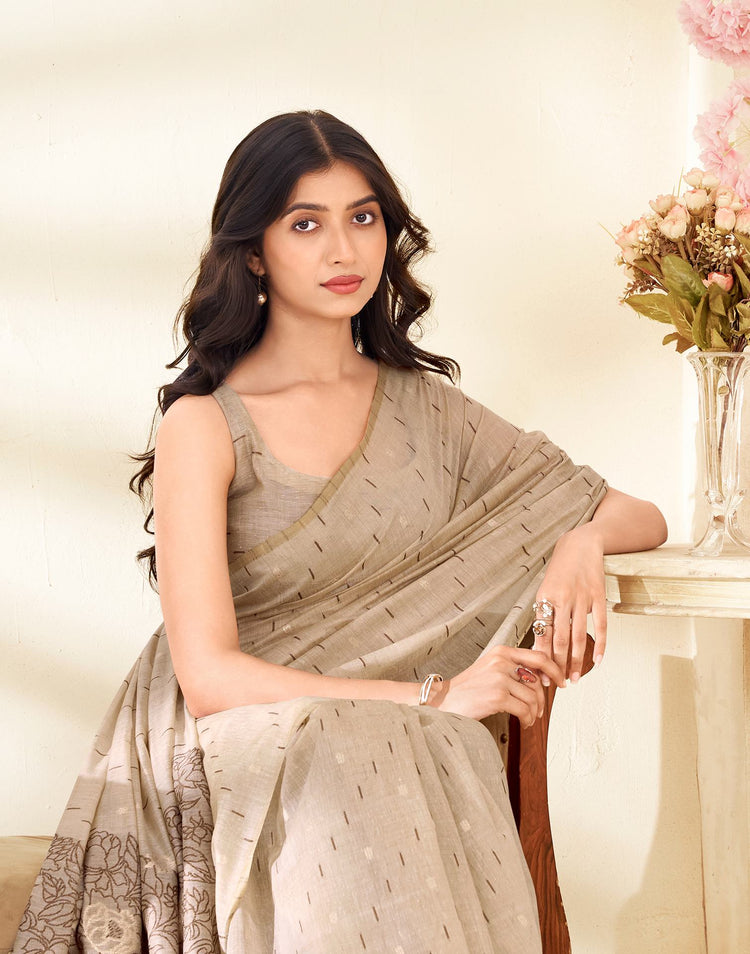 Beige Cotton Woven Printed Saree