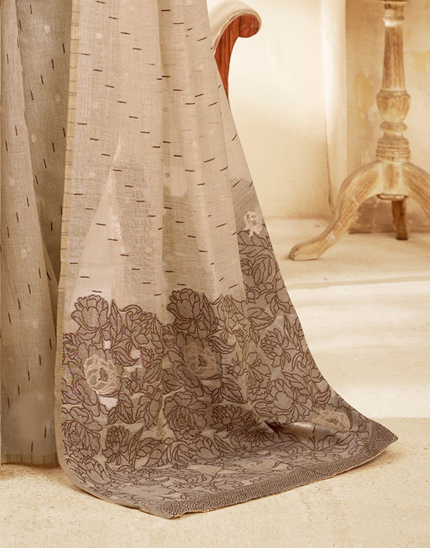 Beige Cotton Woven Printed Saree