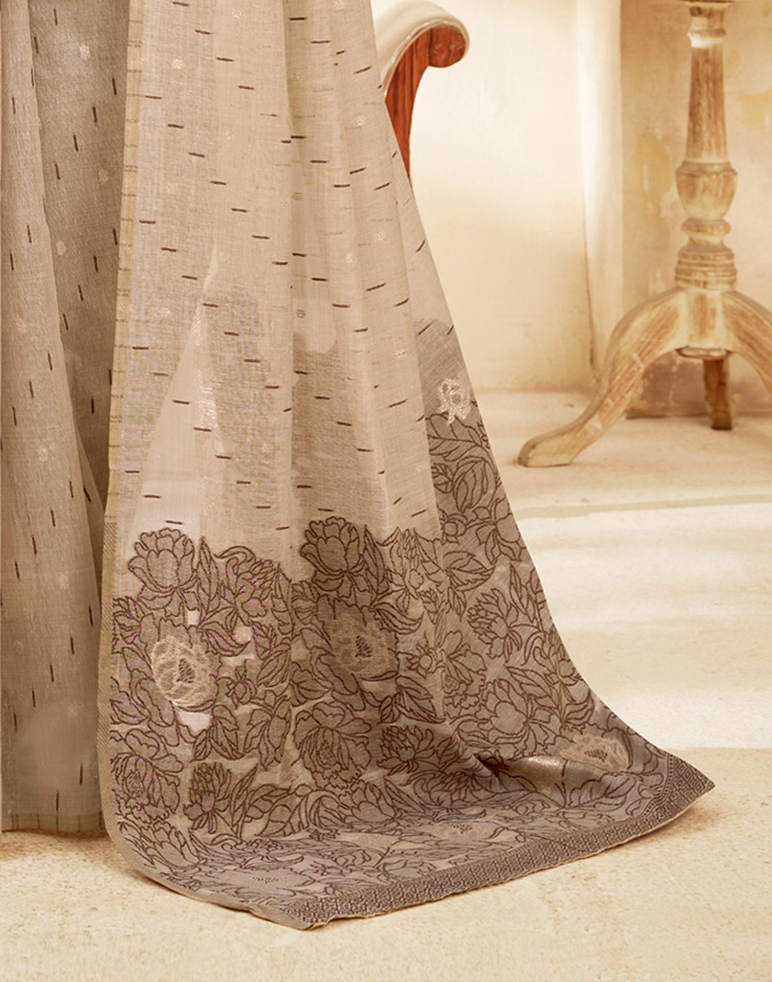 Beige Cotton Woven Printed Saree