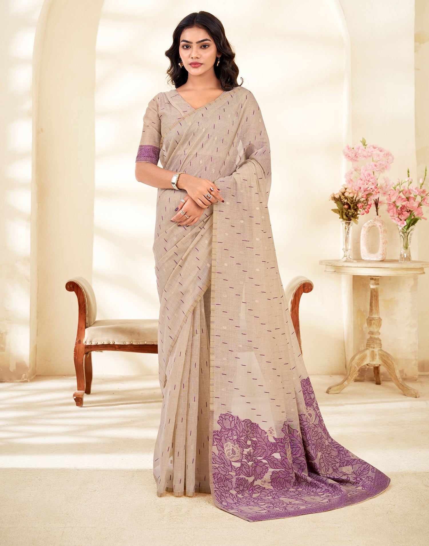 Beige Cotton Woven Printed Saree