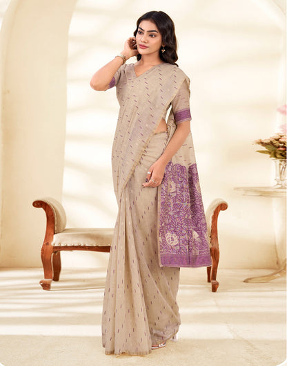 Beige Cotton Woven Printed Saree