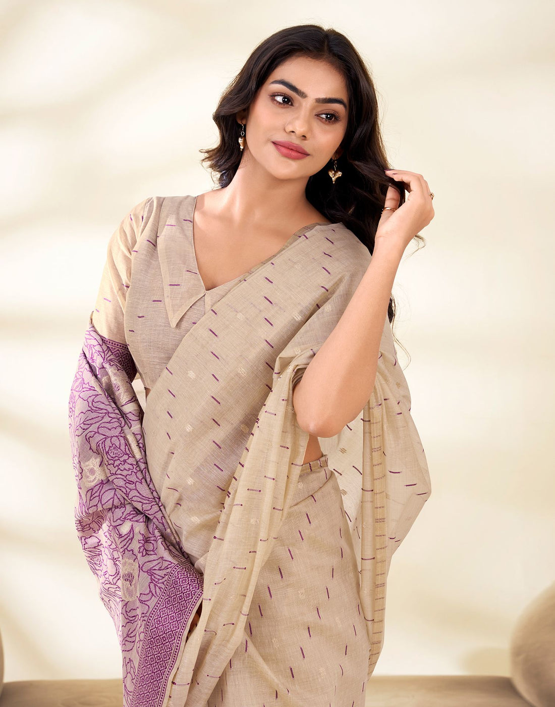 Beige Cotton Woven Printed Saree
