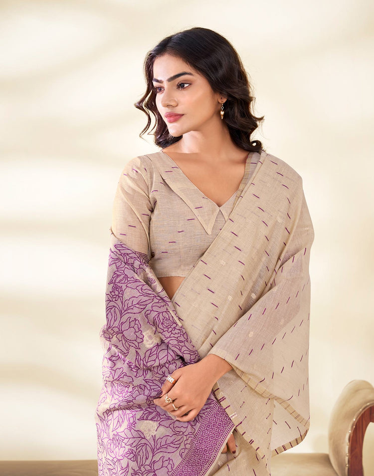 Beige Cotton Woven Printed Saree