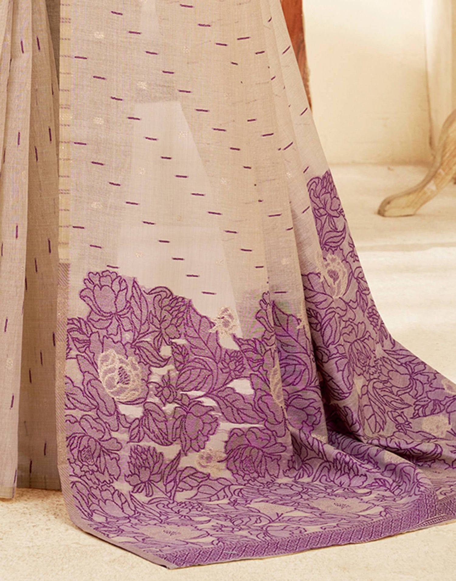 Beige Cotton Woven Printed Saree