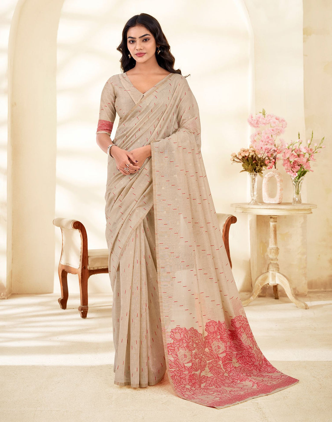 Beige Cotton Woven Printed Saree