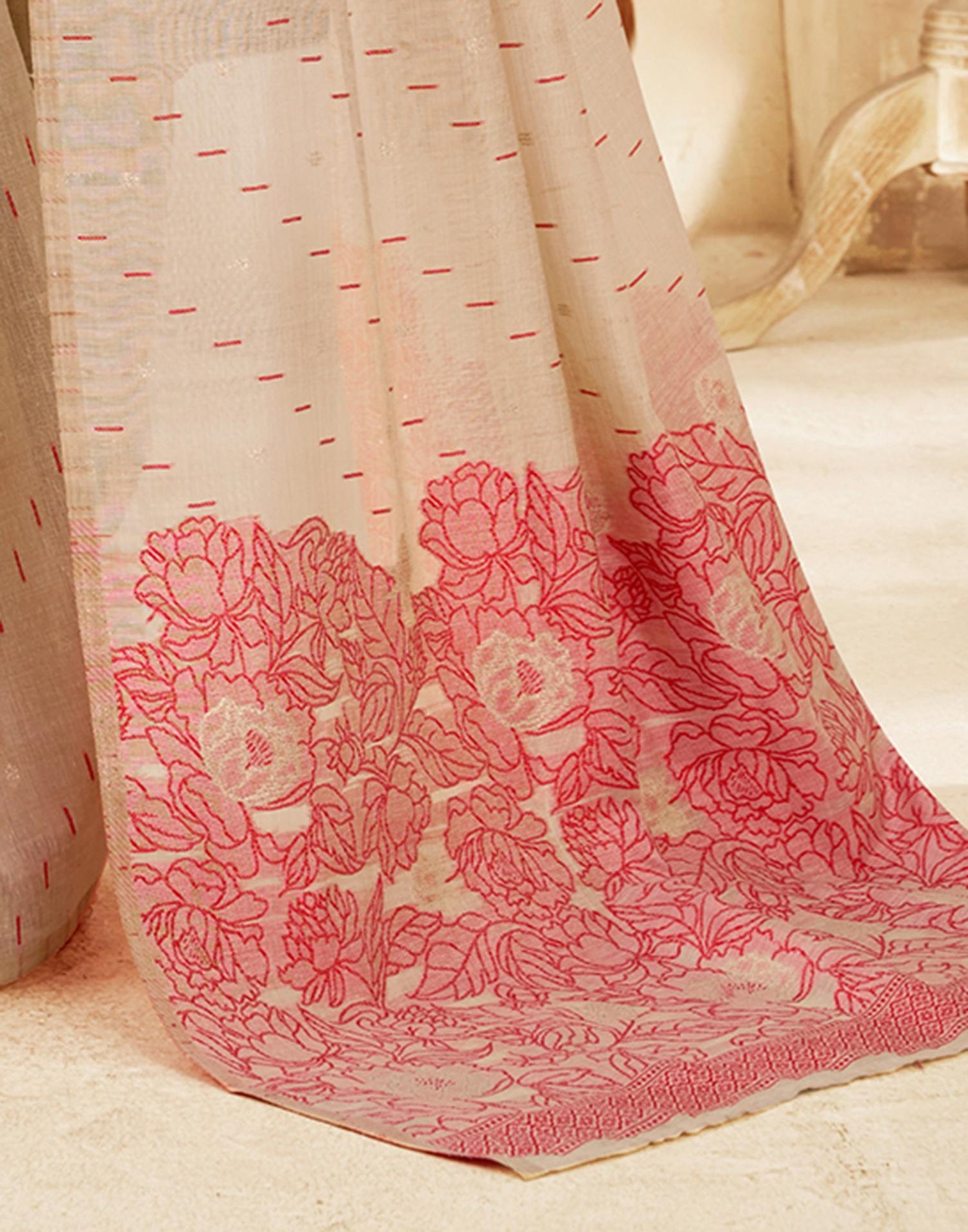 Beige Cotton Woven Printed Saree