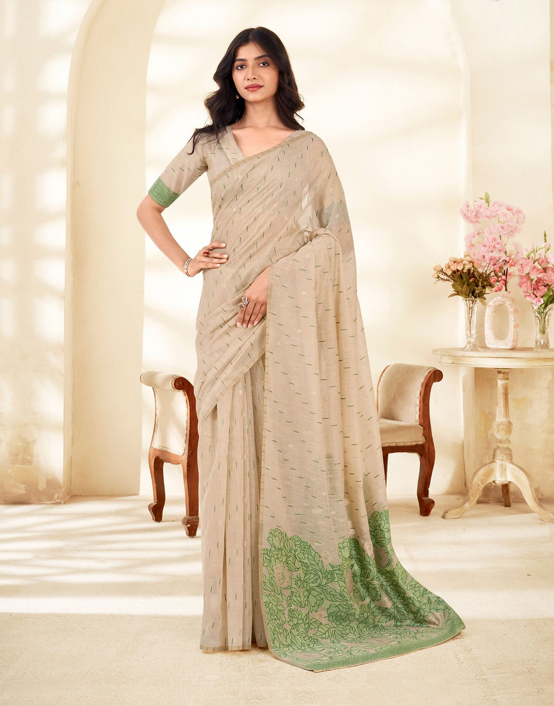 Beige Cotton Woven Printed Saree