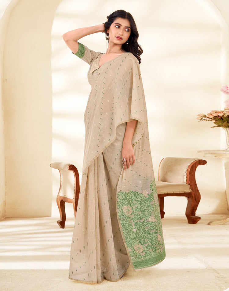 Beige Cotton Woven Printed Saree