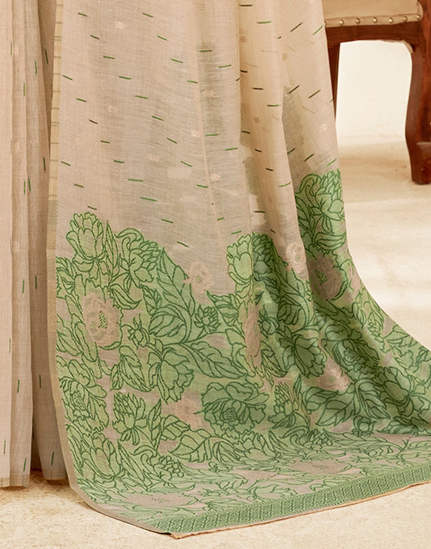 Beige Cotton Woven Printed Saree