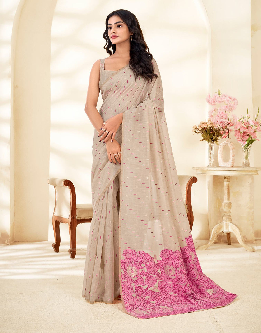 Beige Cotton Woven Printed Saree