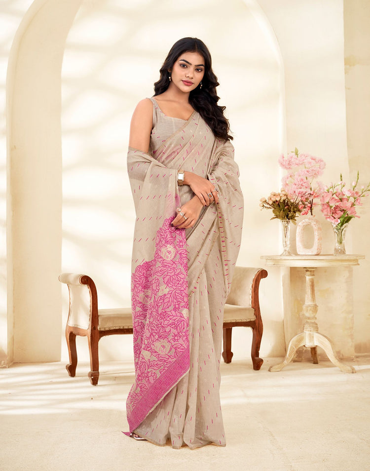 Beige Cotton Woven Printed Saree