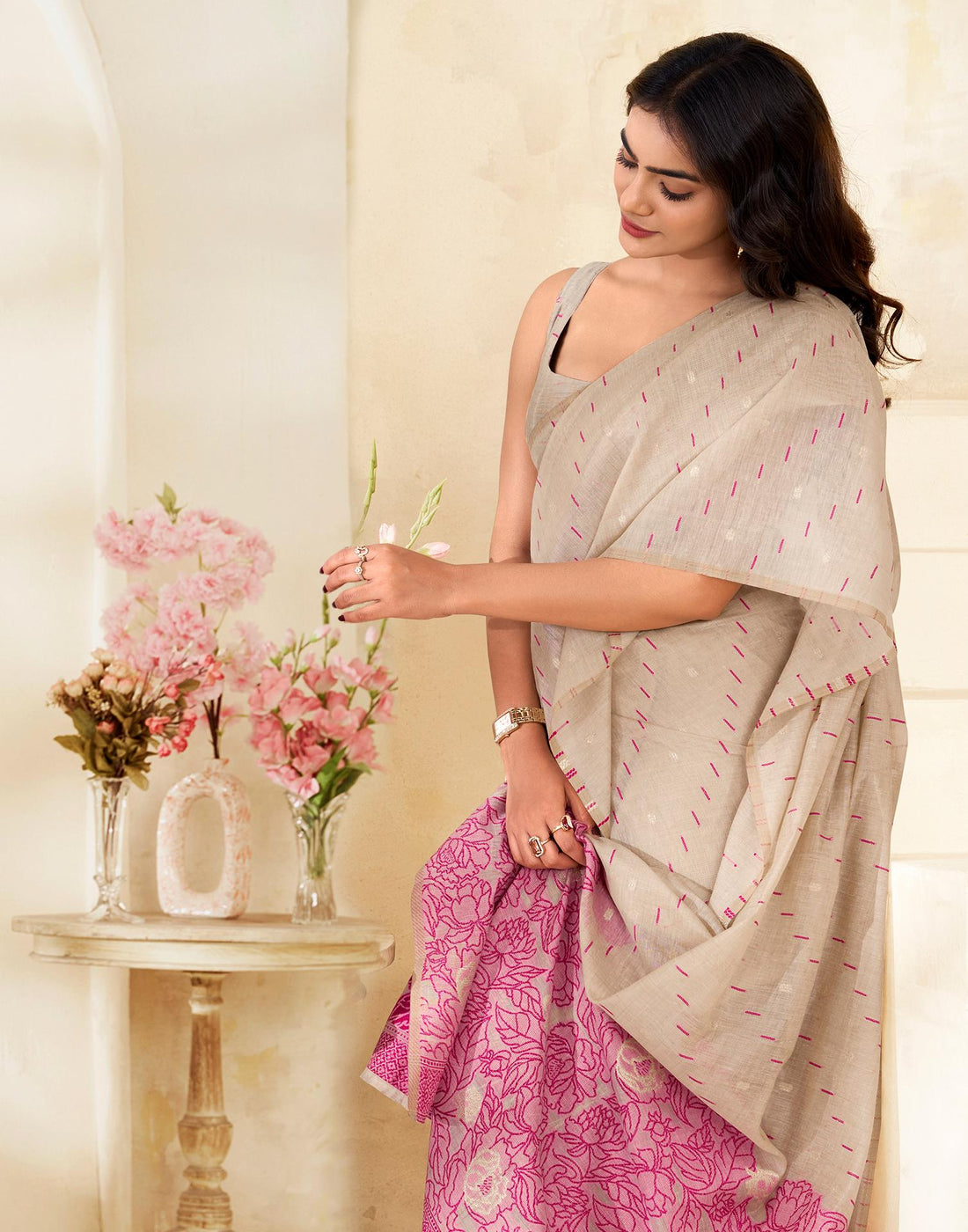 Beige Cotton Woven Printed Saree