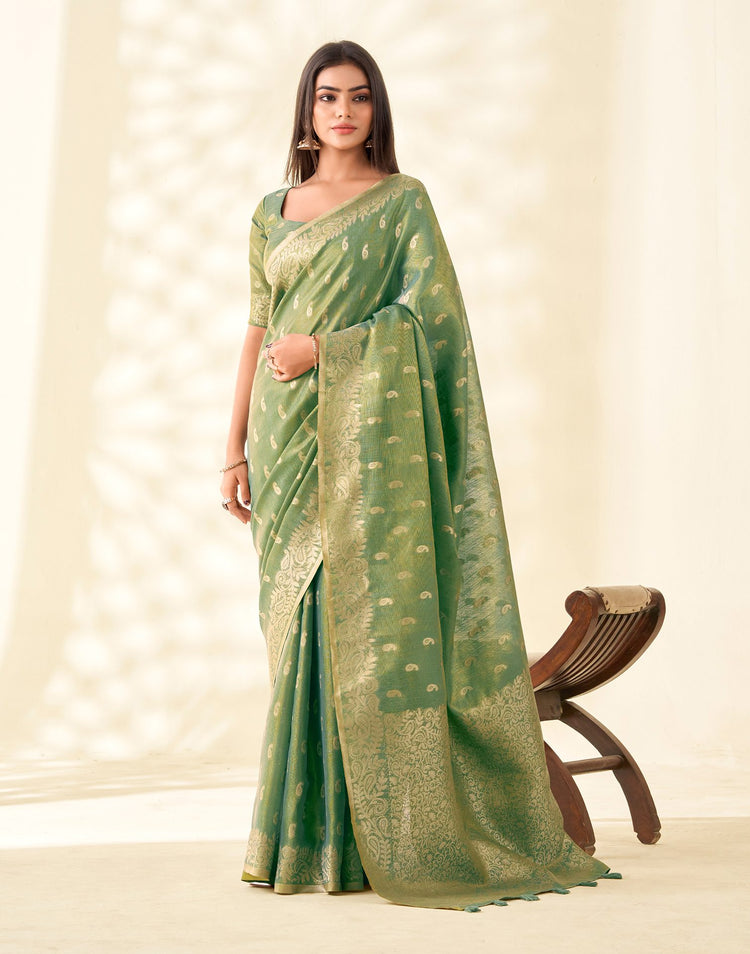Pista Green Tissue Linen Woven Saree