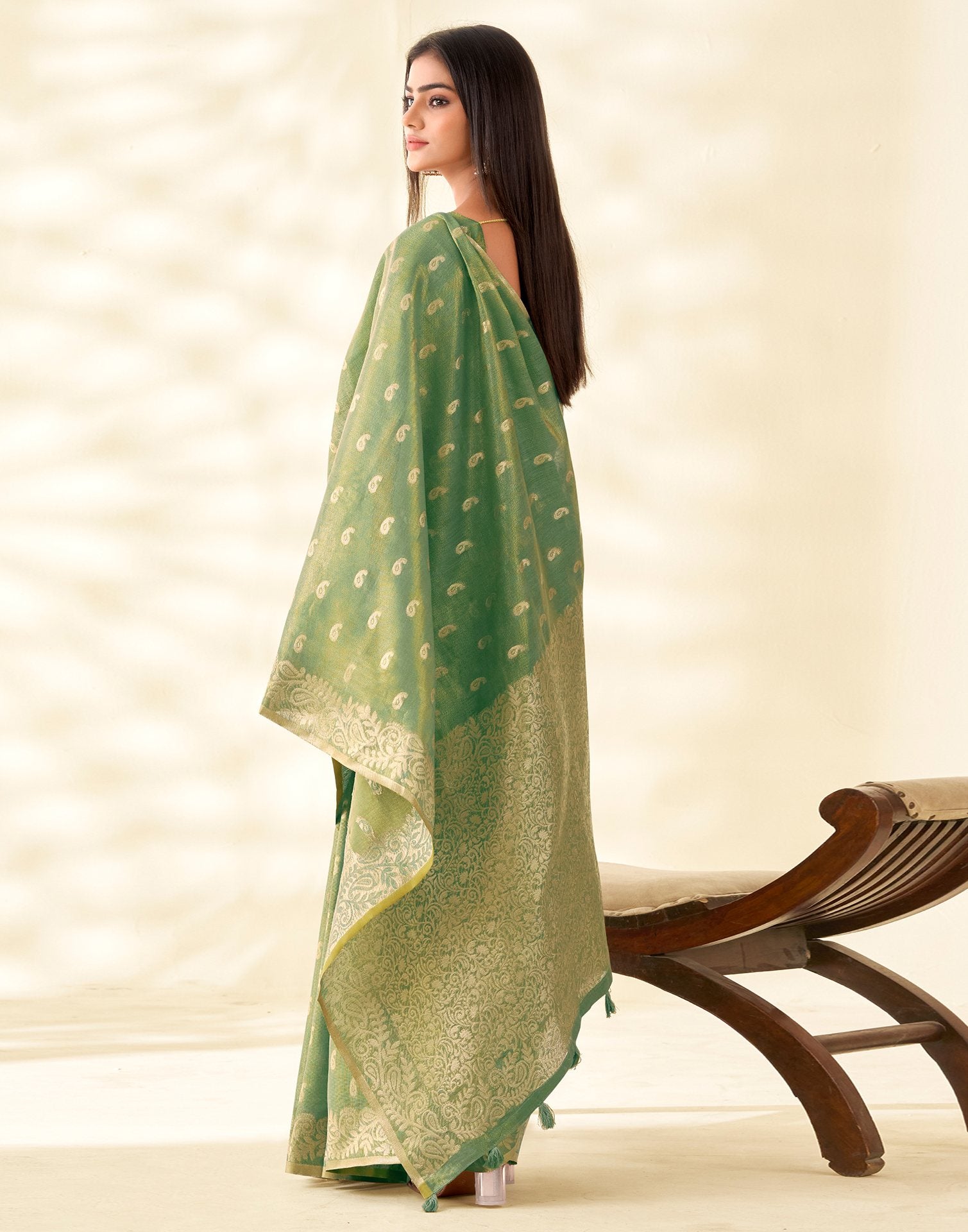 Pista Green Tissue Linen Woven Saree