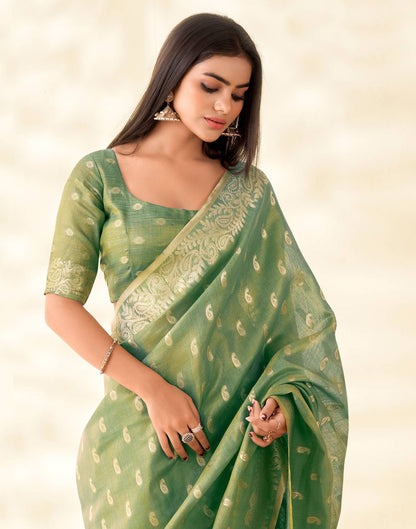 Pista Green Tissue Linen Woven Saree