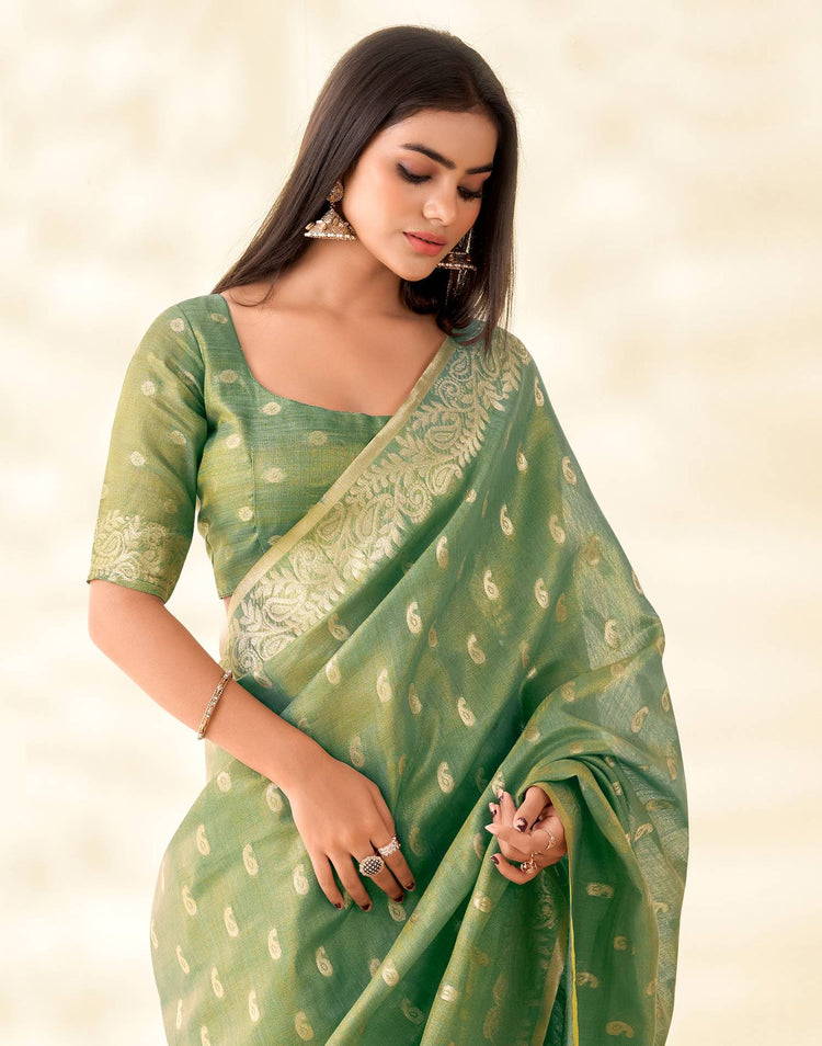 Pista Green Tissue Linen Woven Saree