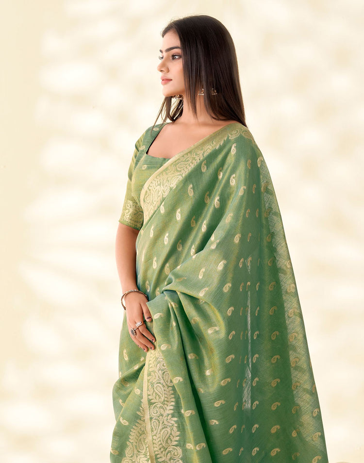Pista Green Tissue Linen Woven Saree