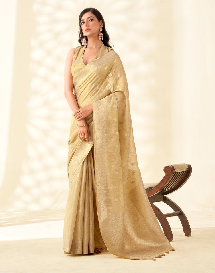 Cream Tissue Linen Woven Saree
