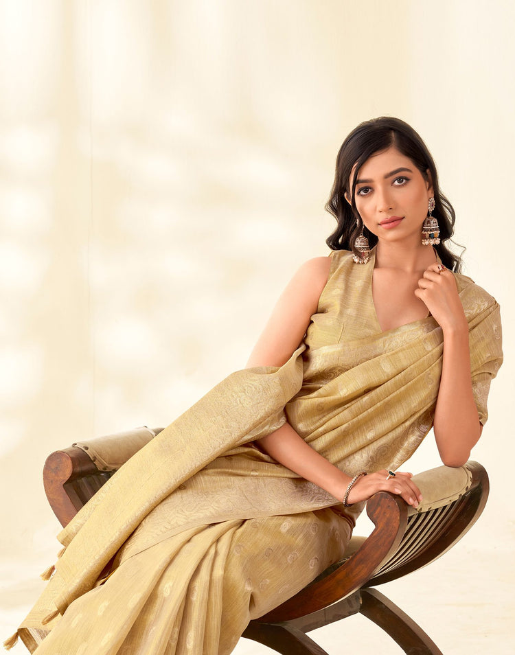 Cream Tissue Linen Woven Saree