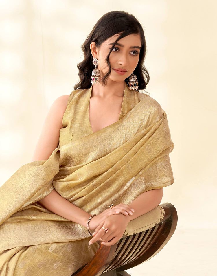 Cream Tissue Linen Woven Saree