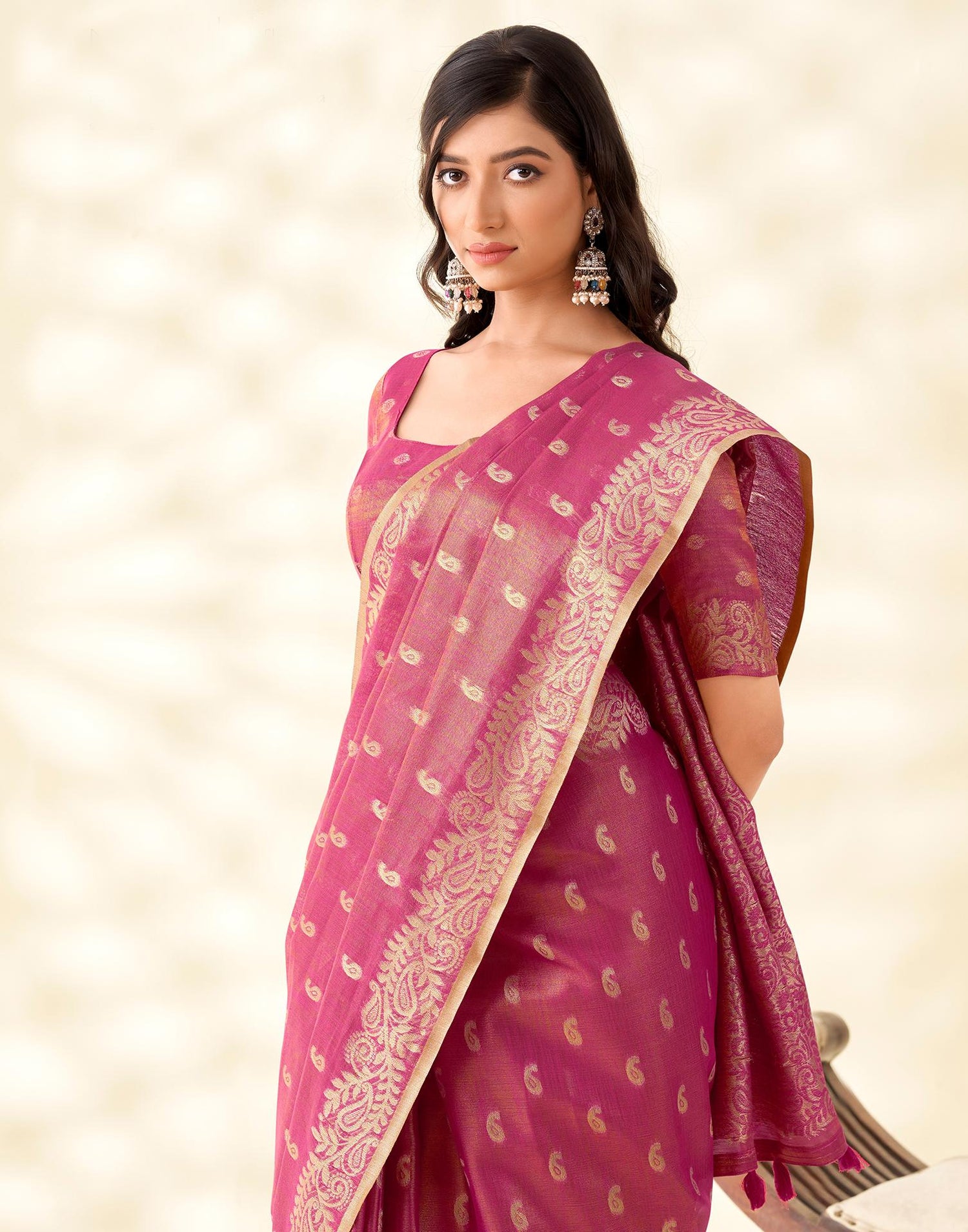 Dark Pink Tissue Linen Woven Saree