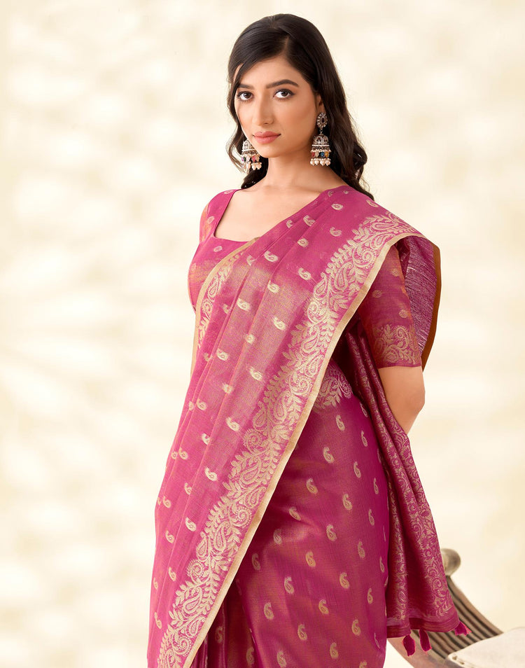 Dark Pink Tissue Linen Woven Saree