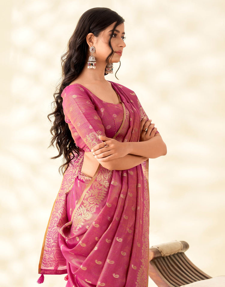 Dark Pink Tissue Linen Woven Saree
