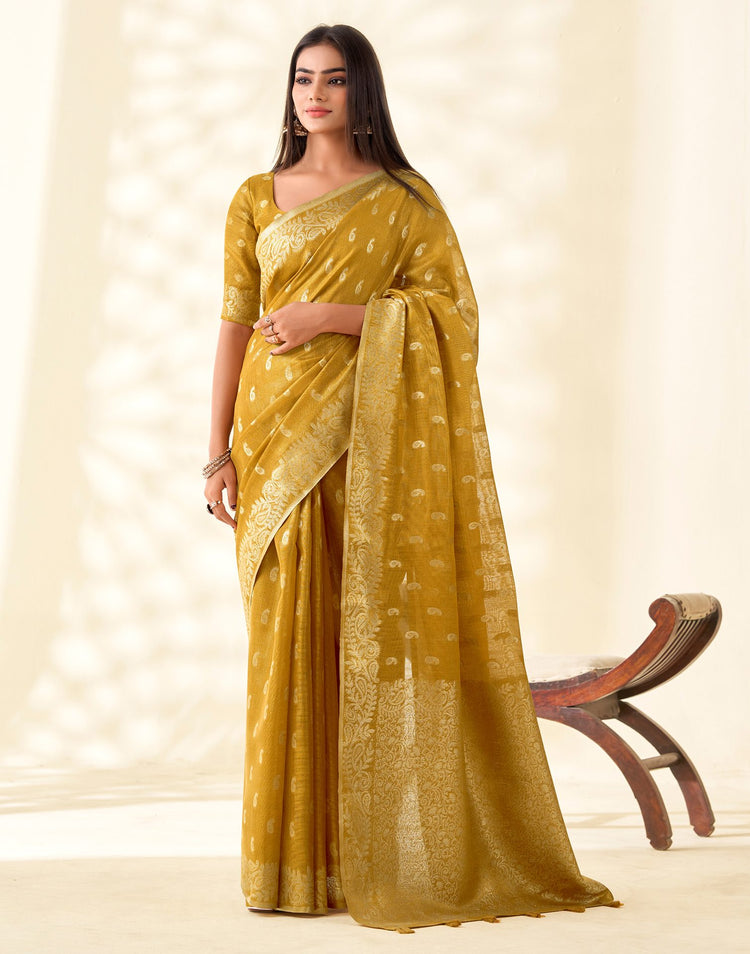 Mustard Yellow Tissue Linen Woven Saree