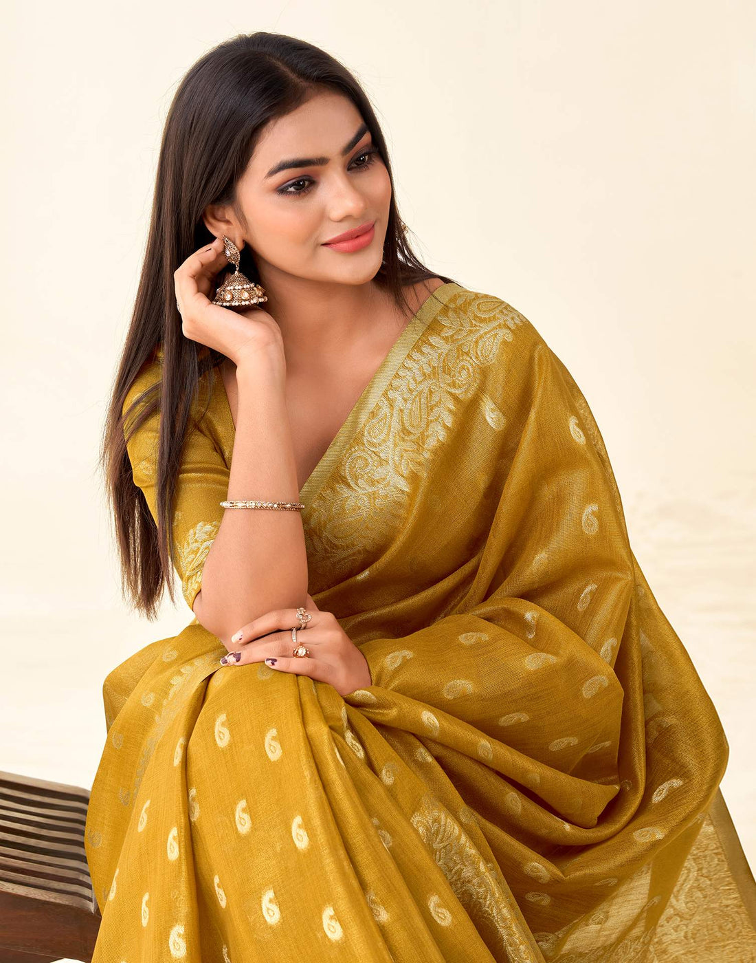 Mustard Yellow Tissue Linen Woven Saree
