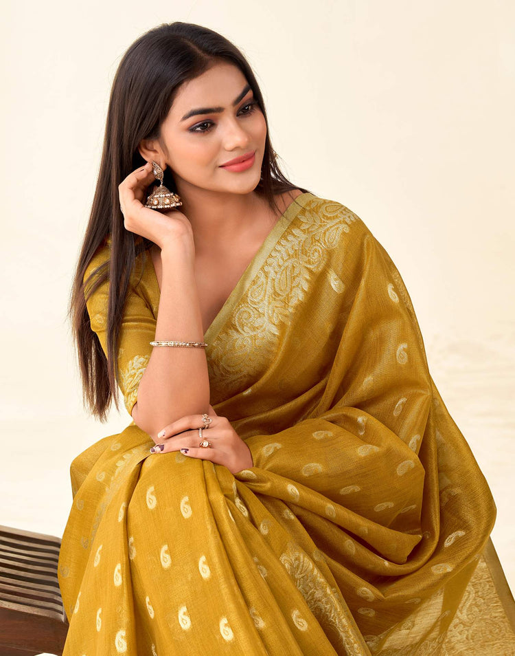 Mustard Yellow Tissue Linen Woven Saree