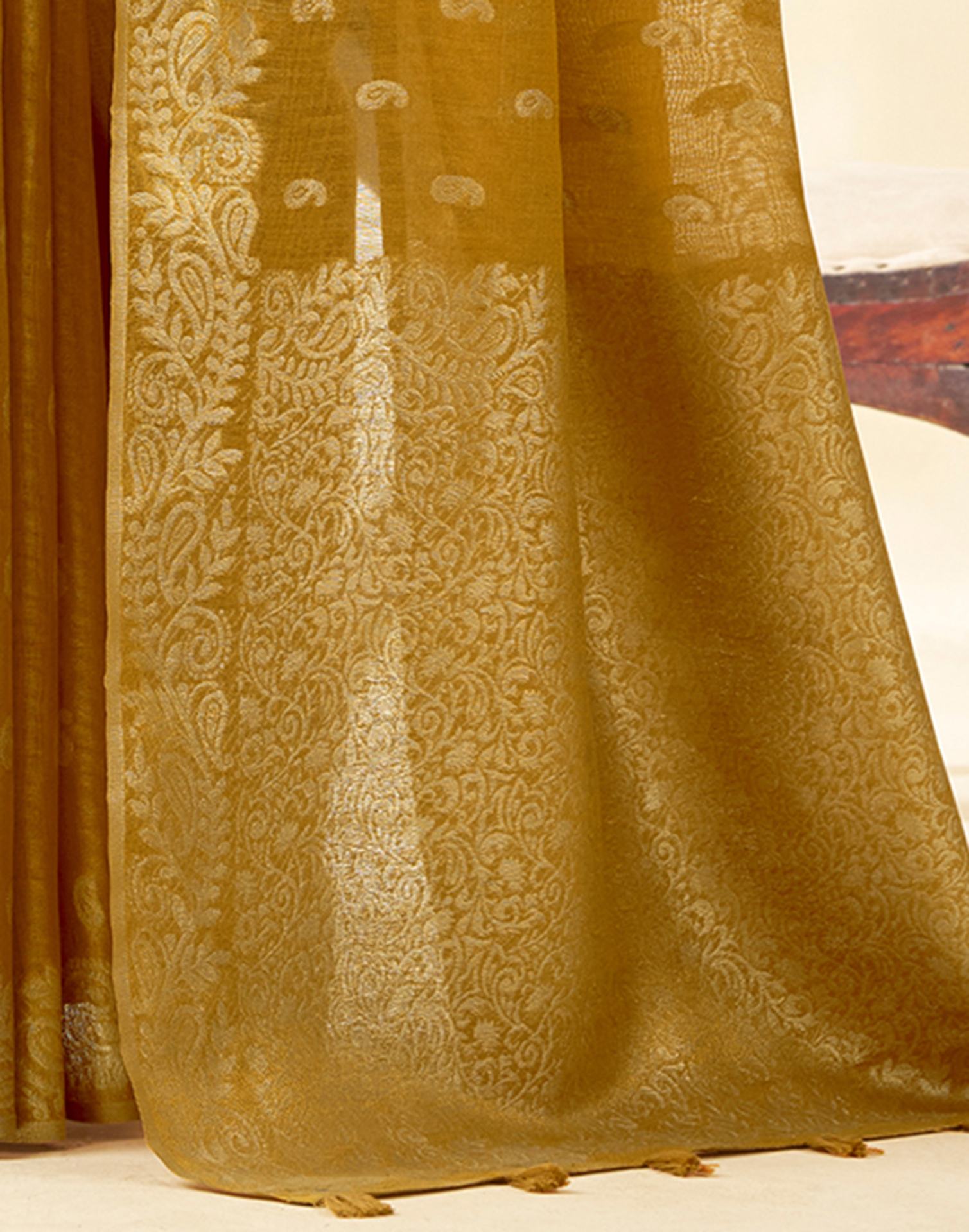 Mustard Yellow Tissue Linen Woven Saree