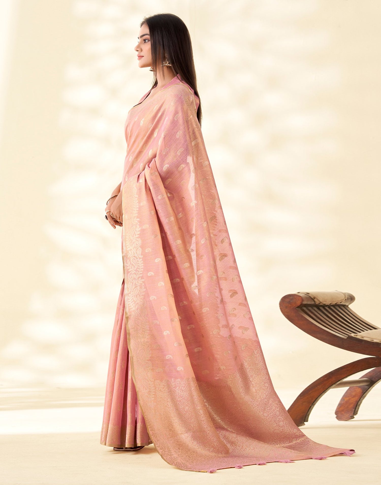 Light Pink Tissue Linen Woven Saree