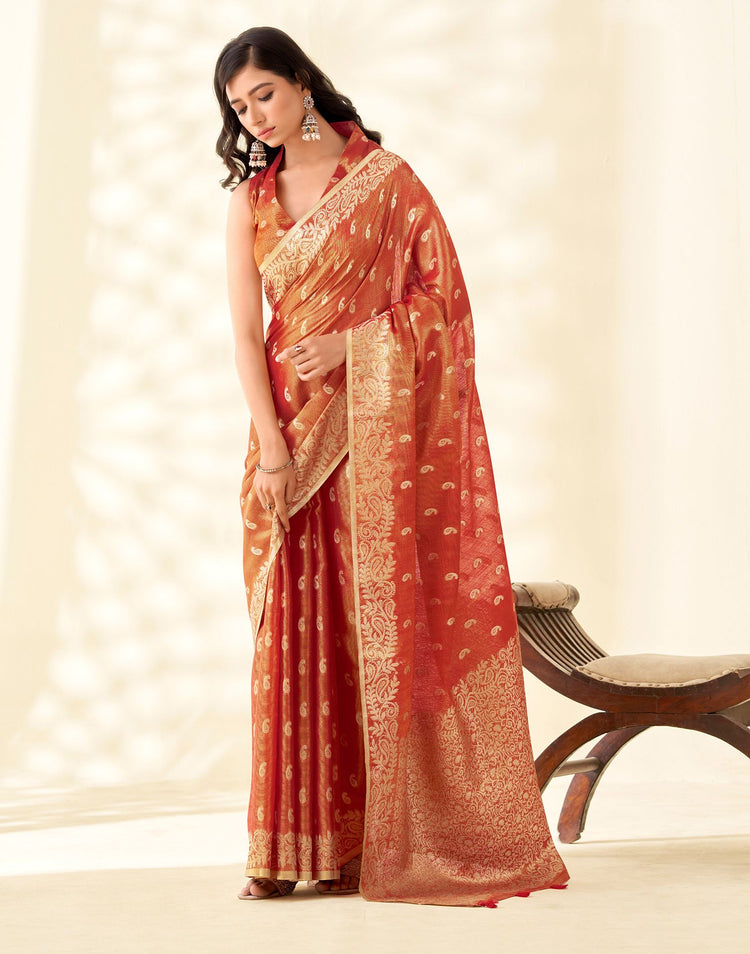 Orange Tissue Linen Woven Saree