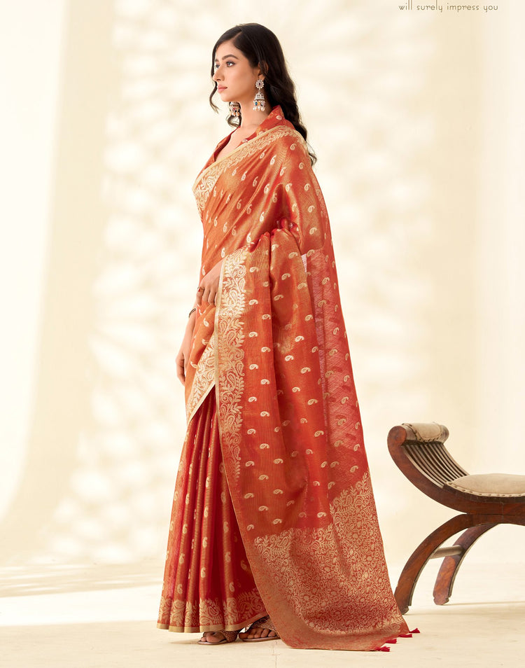Orange Tissue Linen Woven Saree