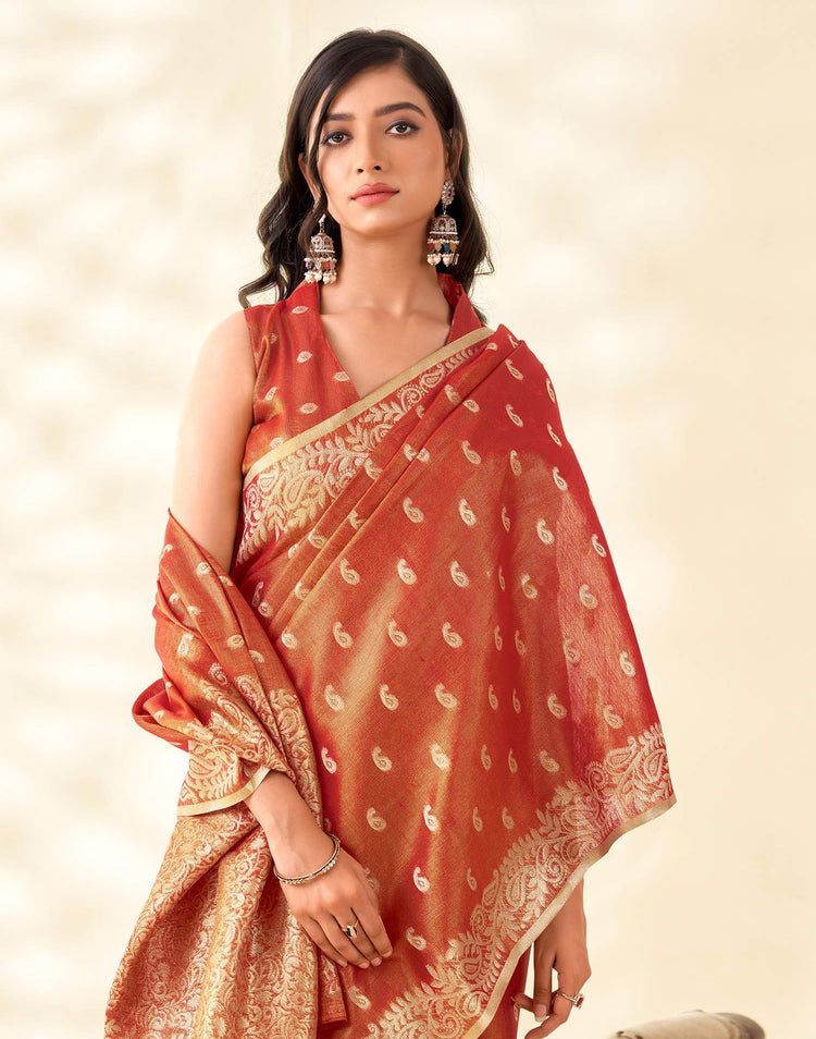 Orange Tissue Linen Woven Saree