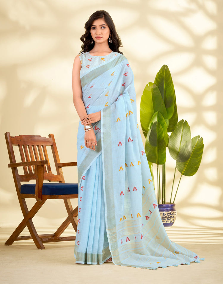 Light Blue Linen Silk Woven Saree