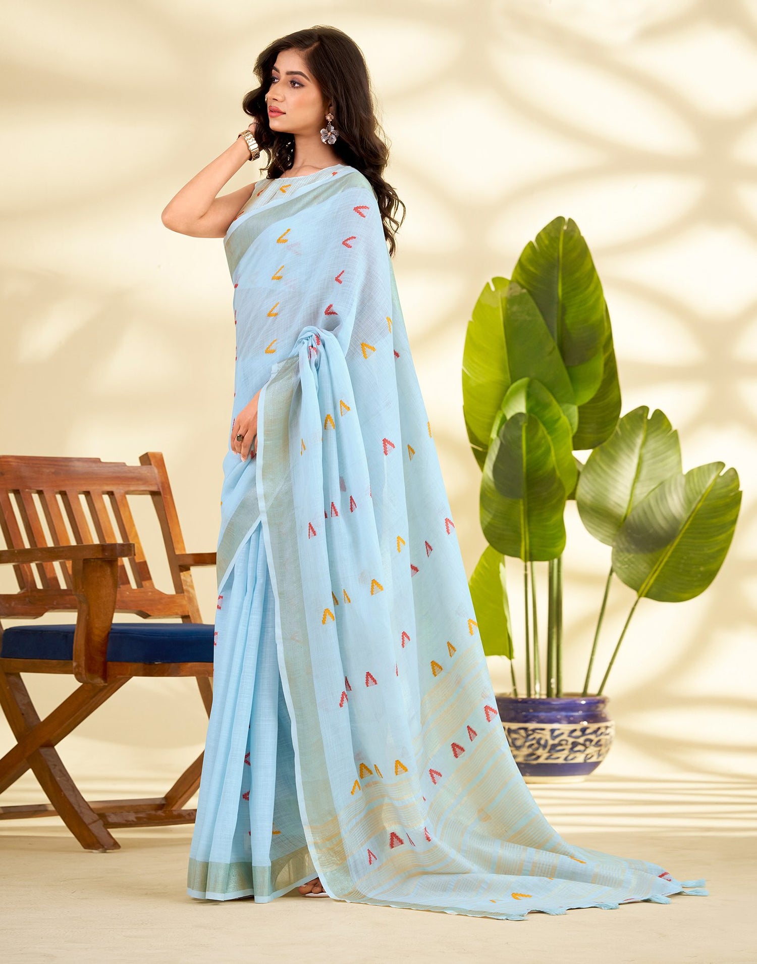 Light Blue Linen Silk Woven Saree
