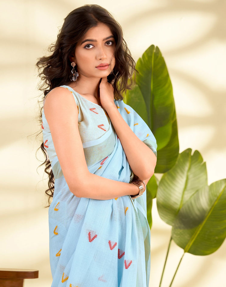 Light Blue Linen Silk Woven Saree
