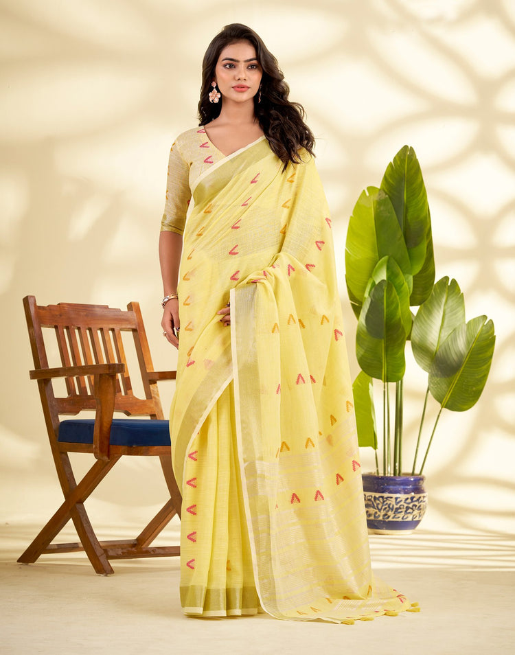 Light Yellow Linen Silk Woven Saree