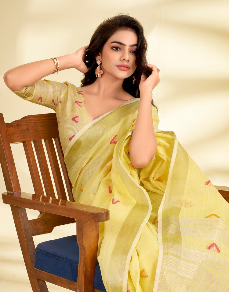Light Yellow Linen Silk Woven Saree
