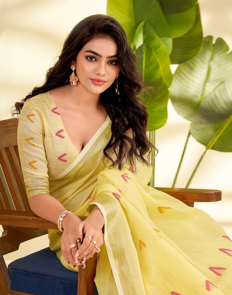Light Yellow Linen Silk Woven Saree