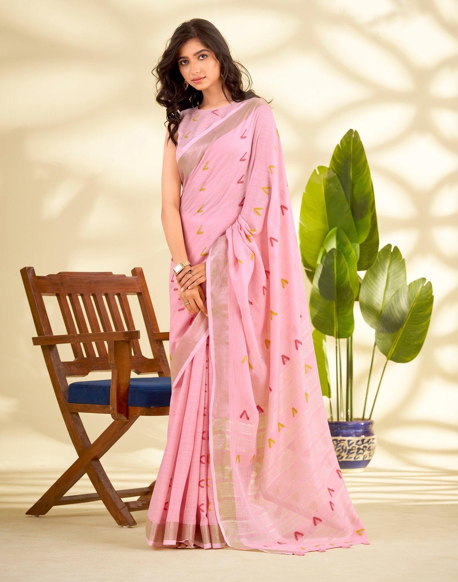 Light Pink Linen Silk Woven Saree