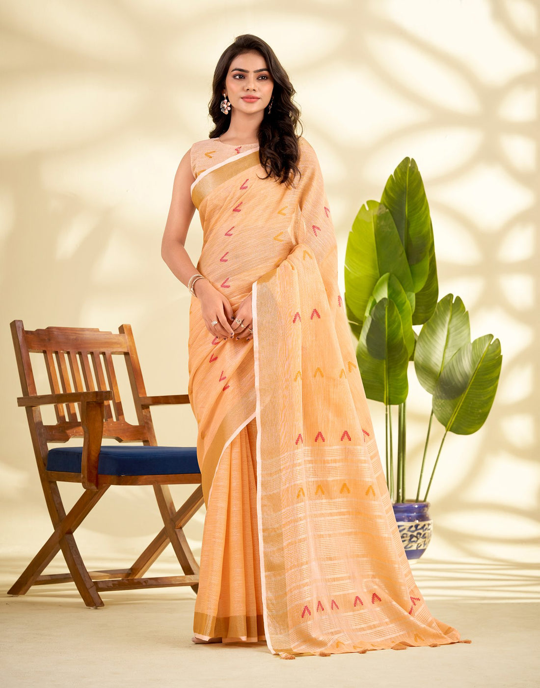 Peach Linen Silk Woven Saree