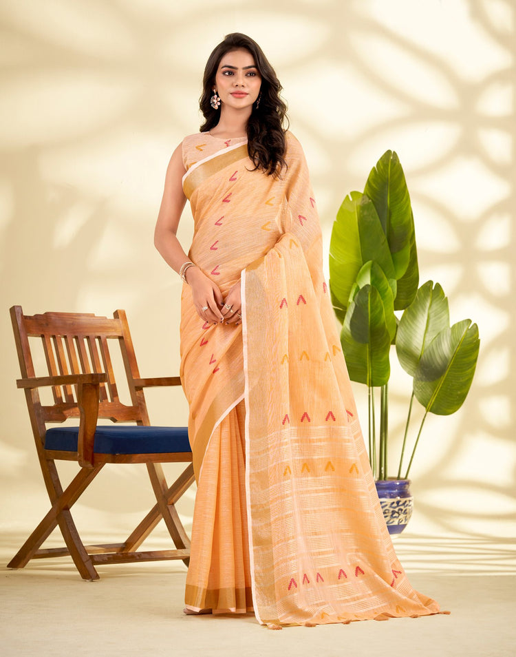 Peach Linen Silk Woven Saree