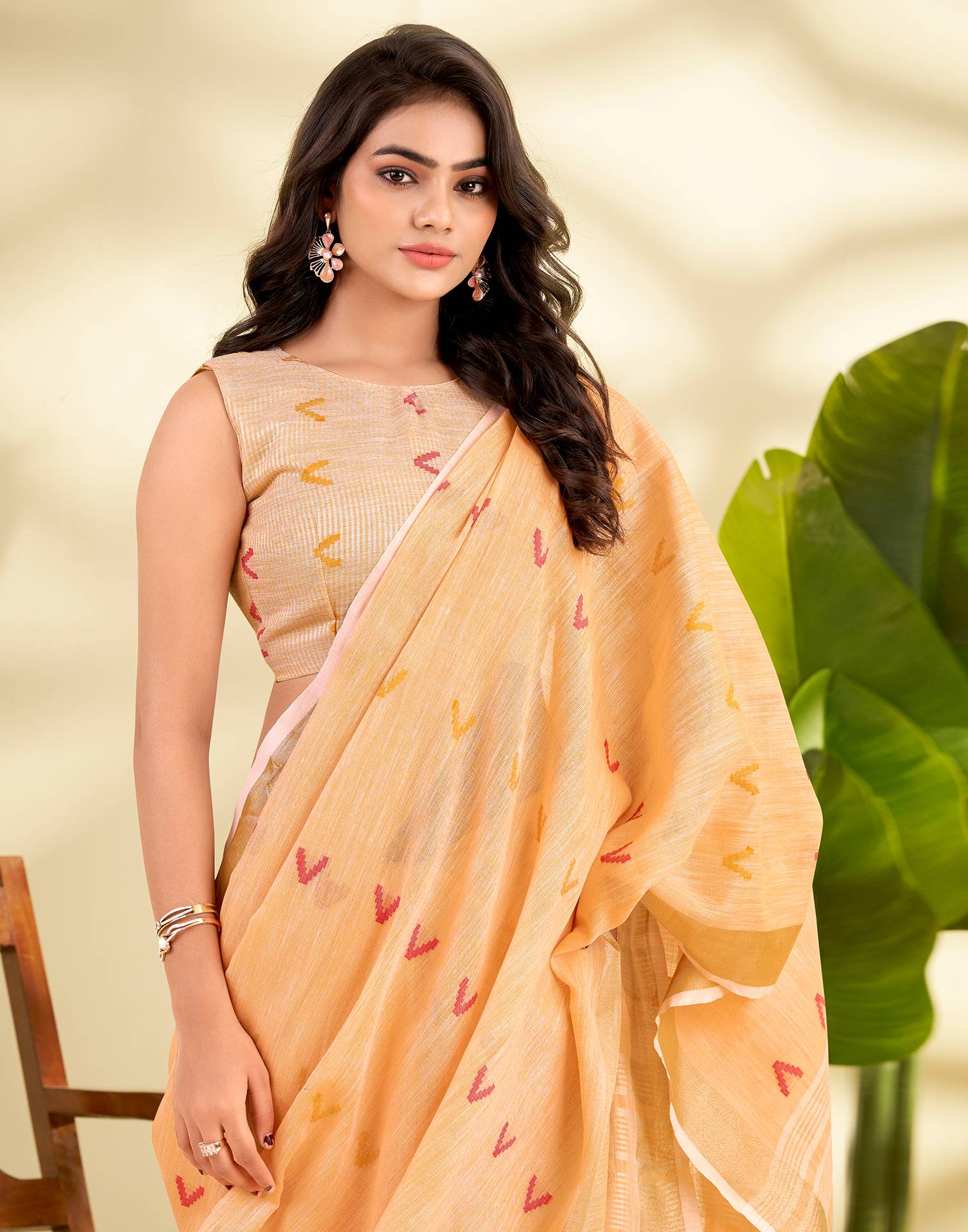 Peach Linen Silk Woven Saree