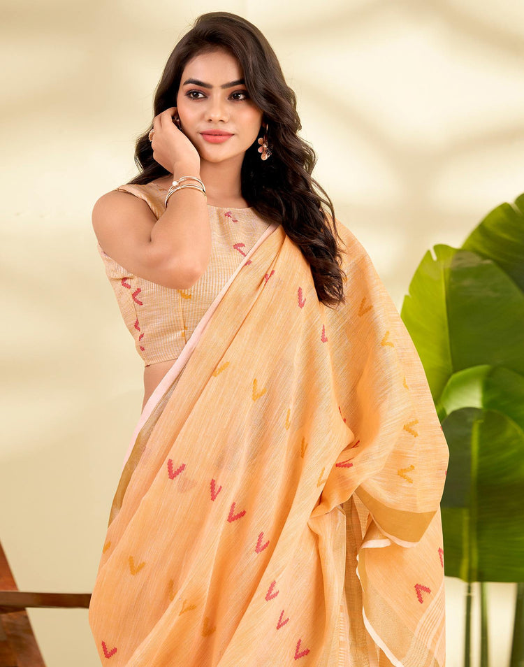 Peach Linen Silk Woven Saree