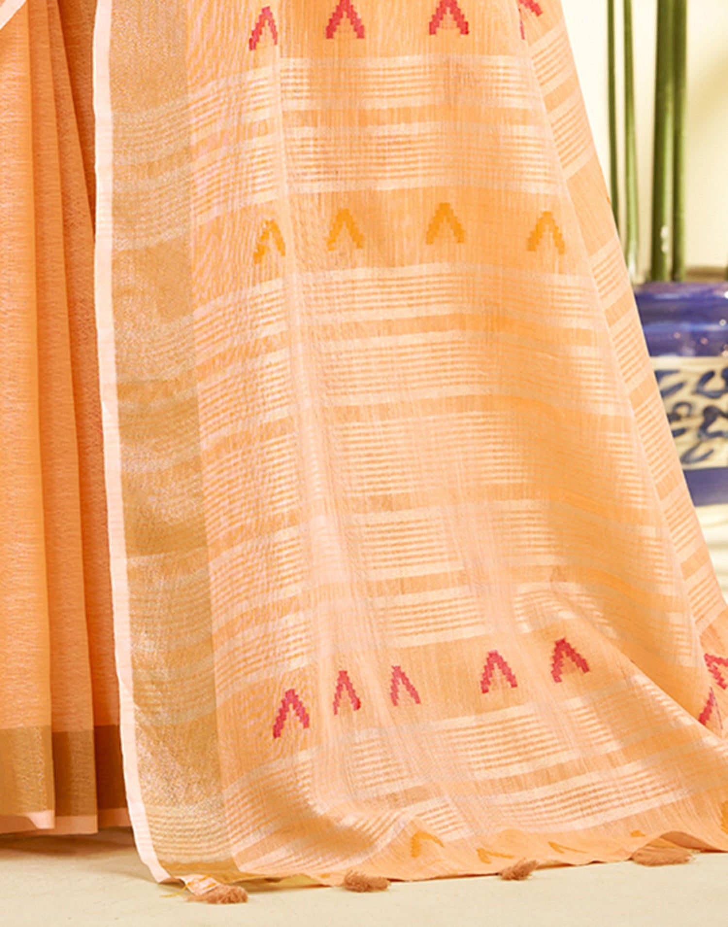 Peach Linen Silk Woven Saree