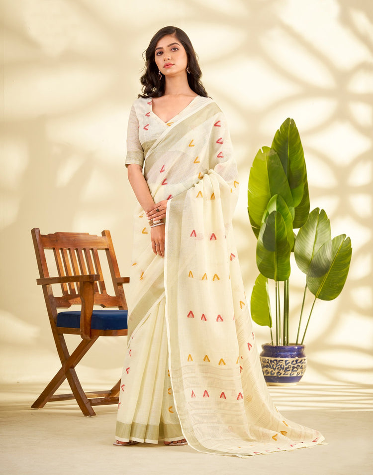 Off White Linen Silk Woven Saree