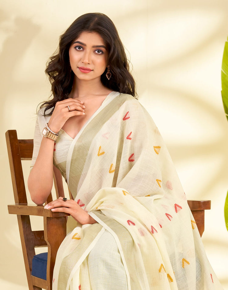 Off White Linen Silk Woven Saree