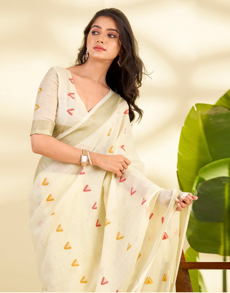 Off White Linen Silk Woven Saree